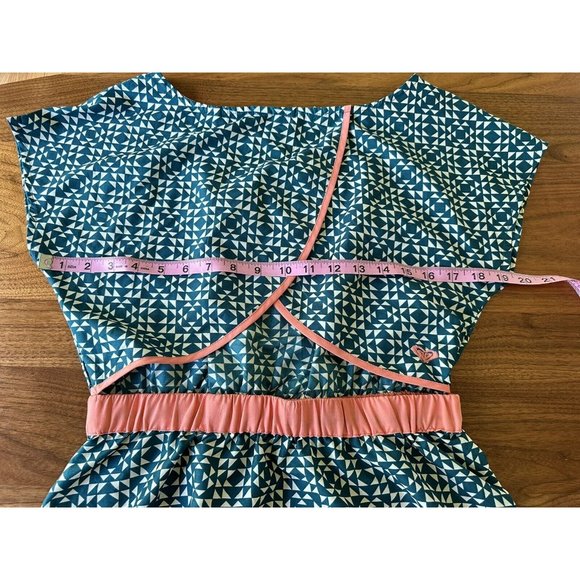 Roxy Skater Dress Size L Junior Turquoise White Geometric Print Peach Accent - Picture 4 of 9